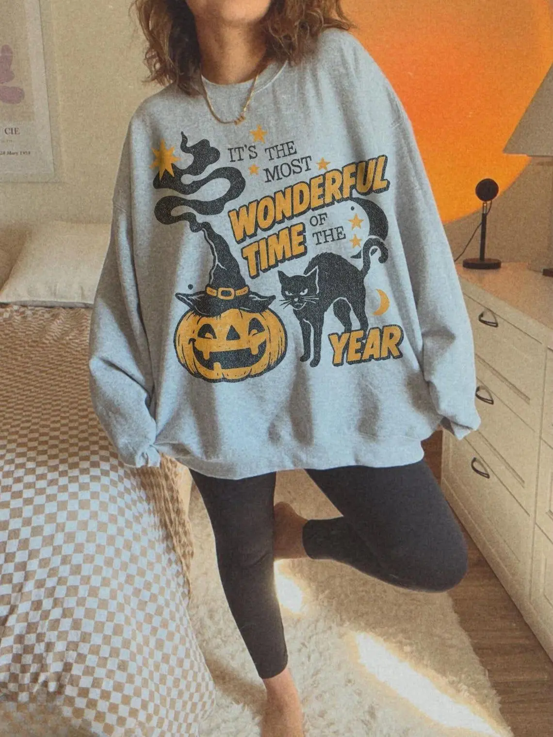 Vintage Halloween Sweatshirt UNISX Retro Halloween Crewneck 90s Spooky Black Cat Hoodie Witchy Pumpkin Most Wonderful Time Witchy Fall Shirt