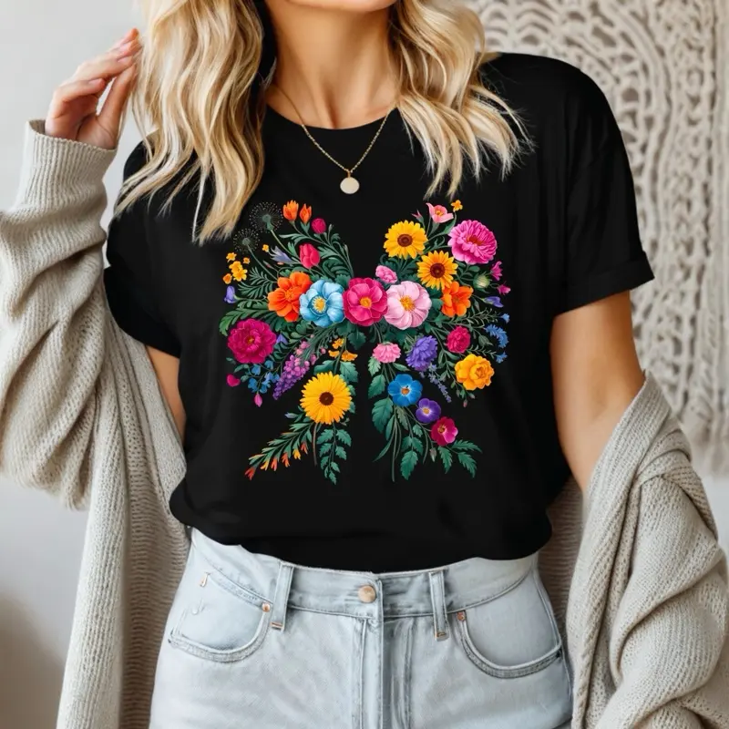 Flowered bow T-Shirt or Crewneck Sweatshirt love casual comfortable super soft relaxed fit unisex Sizing womenswear Streetwear Long Sleeve Top