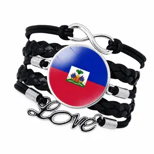 Unisex Haitian Flag Braided PU Leather Bracelet Bangle - Adjustable Black Punk Cuff Wrap Style, 7.5-7.9 in Durable Fashion Jewelry for Men & Women