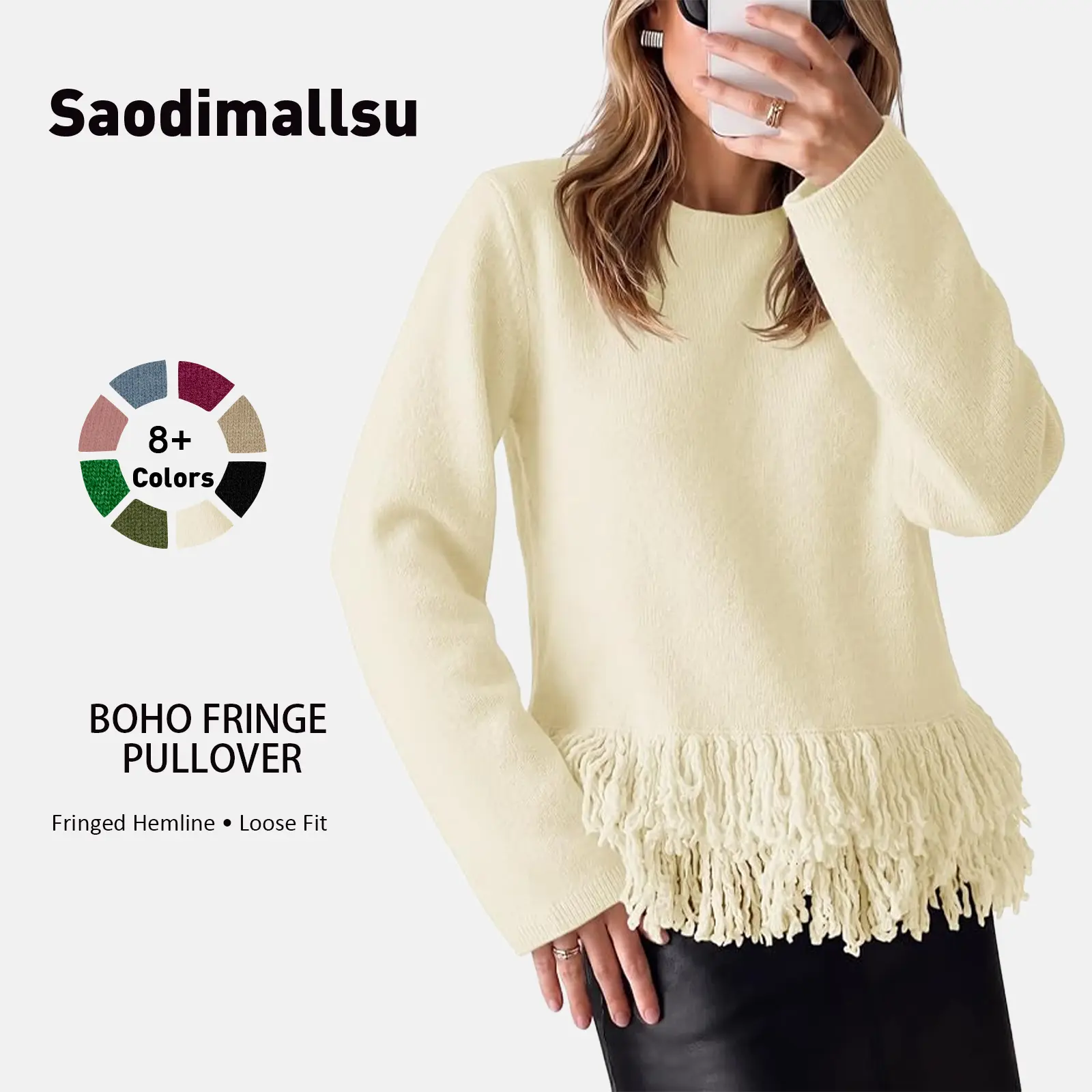 Saodimallsu Womens Fringe Sweater 2026 Fall Crew Neck Boho Pullover Tops