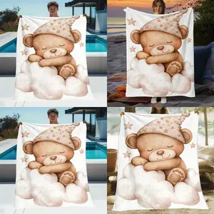 Modern Cozy Flannel Throw Blanket with Playful Bear Design Lightweight Soft Warm AllSeason Companion for Bed Sofa Camping Outdoor Use Featuring Digital Print Elegant Style and Comfortable Texture Available in Multiple Dimensions