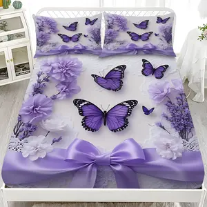 Bed Sheet Set 3-Piece 2D Flat Purple Butterfly and Flower Pattern Mattress Protector Set (1*Fitted Sheet + 2*Pillowcases, no filling), Stylish, Soft and Comfortable Bed Linen, Skin-friendly and Breathable Bedding Set, Suitable for Bedrooms and Guest Rooms