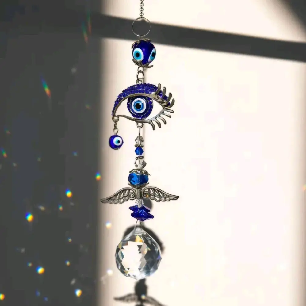 Evil Eye Angel Suncatcher with Blue Beads and Crystal Drop Ornament