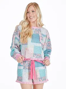 Simply Southern Quilted Pattern Ruffle PJ Shorts & Long Sleeve T-Shirt Set