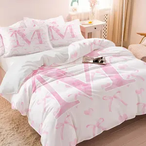 Coquette Pink Bow Monogram D Duvet Cover Set (1 Duvet + 2 Pillowcases, No Core), Soft & Cozy Fabric, Girly Heart & Bow Print Bed Set, Soft Bedding Set for Aesthetic Bedroom & Dorm Decor