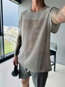 Men's Summer Layered Textured Knit Vest, Shoulder Cover Long Sleeve Round Neck Hollow Out Top, Trendy Minimalist Streetwear T-Shirt
