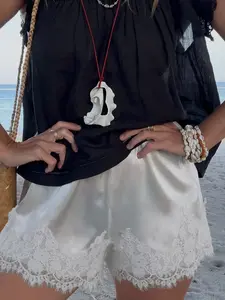 White Satin Lace Trim Shorts – High Waist Silky Satin Shorts for Women, Boho Beachy Summer Outfit, Floral Lace Hem Casual Shorts, Soft, Smooth Lightweight Fabric, Vacation & Beachwear Essential, Coastal Grandma Aesthetic, Loungewear for Beach Lovers