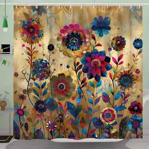 Flower Blooming Christmas Shower Curtain, Vibrant floral pattern, perfect for bathroom decoration, polyester durable material, easy to clean, machine washable, multiple sizes, send hooks