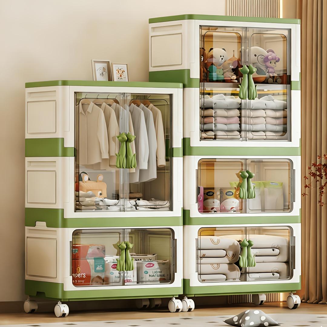 Extra-large multi-tier clothing storage unit; portable, foldable plastic wardrobe with wheels; 1/2-tier stackable clothing organizer; ideal for home bedroom storage; easy to assemble and space-saving; features double doors or a top lid for easy access