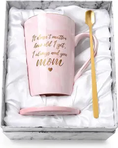 Mothers Day Birthday Gifts for Mom from Daughter Son - 14Oz Funny Best Mom Mug with Gold Print, Unique Pink Marble Coffee Cup with Lid Spoon Greeting Card, Happy Moms Gifts Idea, Luxury Gift Boxed Set