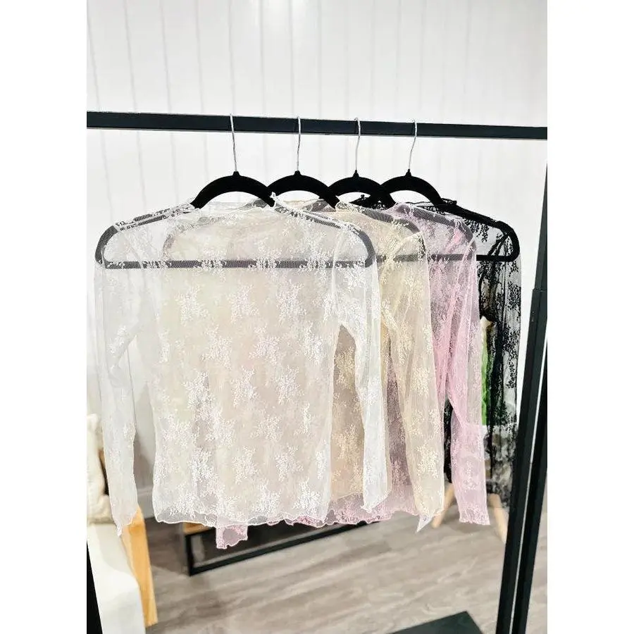 Women's Elegant Sheer Mesh Floral Lace Long-Sleeve Polyester Blouse - Chic and Stylish Apricot Pink Blouses & Shirts with Comfortable Fit, M, Full Sleeves, 3X