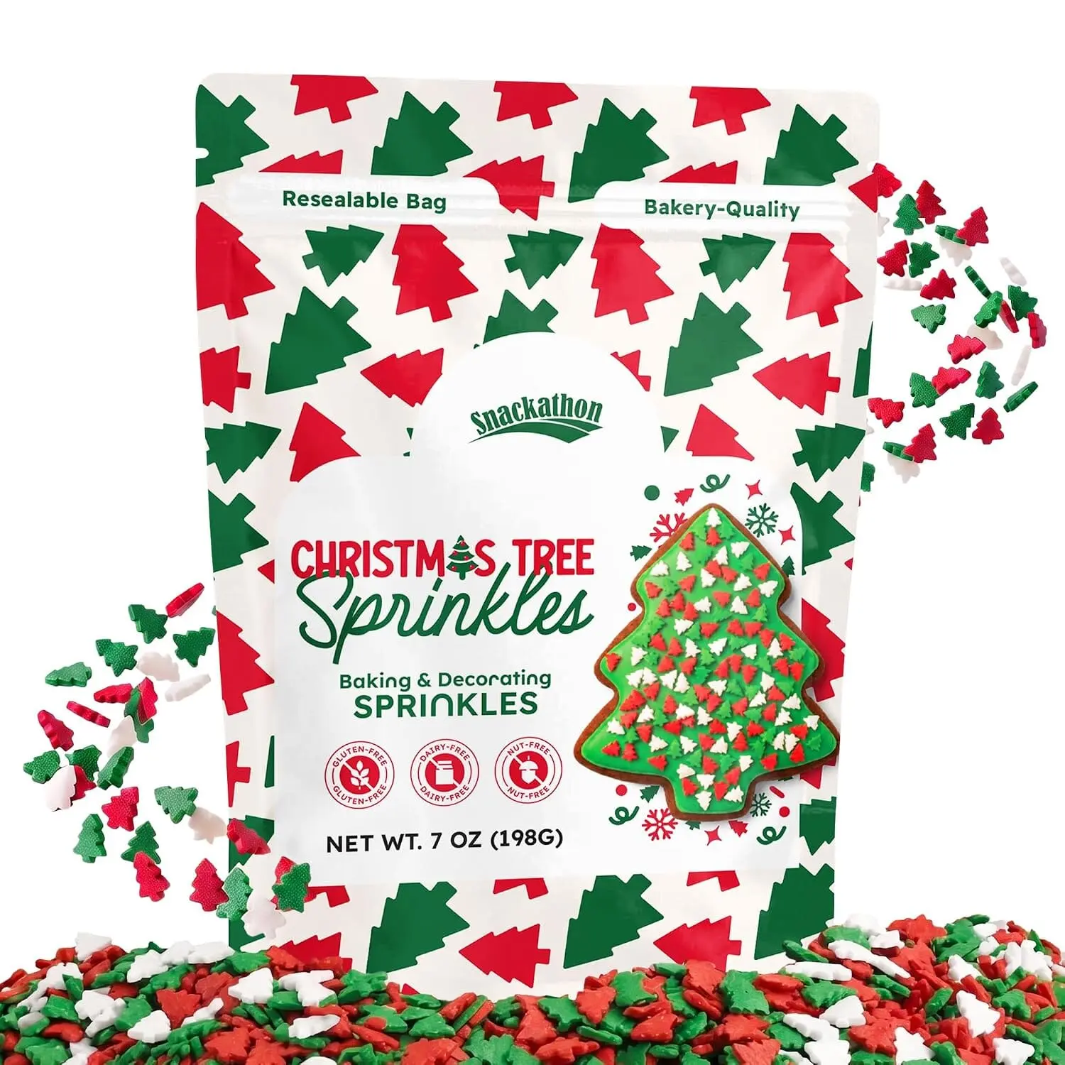 Snackathon Christmas Tree Sprinkles, Bulk Holiday Decor Sprinkles Festive Red, Green & White Tree Confetti Sprinkles, Gluten Free, For Holiday Baking Decorations, Cookie & Cupcake Toppers