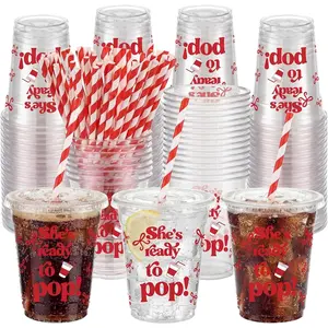 50 Sets/150 Pcs She's Ready to Pop Disposable Cups with  and Straws Plastic 12 oz Cute Soda Bow Cold Beverage Drinking Red Plastic Cups for  Shower Birthday Party Decorations Supplies