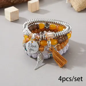 Boho Stackable Beaded Bracelet Set (4 Pieces), Bronze Tree of Life Charm with Wood Beads & Tassel, Bohemian Statement Jewelry for Girls
