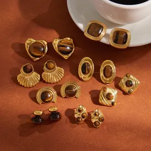 Vintage 18K Gold Color Plated Stainless Steel Geometric Earrings – Amber Resin Elegant Stud Earrings for Women