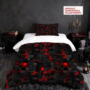 Black & Red Geometric Tech Grid Duvet Cover Set, Bedding Set, Bed Sets Supplies, 2/3 Pieces (1 Duvet Cover + 1/2 Pillowcases, No Comforter/Pillow Insert), Modern Tech Style, Soft & Breathable, Ideal for Gamers, Bedroom Decor, Gift for Teens & Men