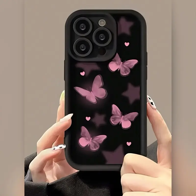 Suitable for Apple Mobile Phone Case - Black High Bamboo Pink Butterfly Design - For iPhone Users - Stylish & Protective - Perfect Gift for Tech Lovers