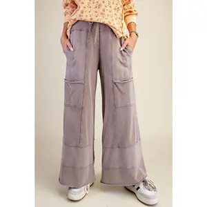 Light Mocha Washed Wide Leg Terry Pants