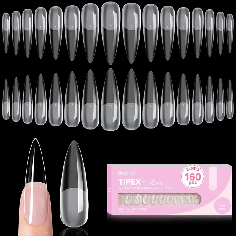 Beetles Tipex Lite Apex Nail Tips, 96/160/256/512PCS Pre-Etched Acrylic Nail Tips for Flat Nails & C-Curve Nail Beds, XS/S/M/L/XL Stiletto, Square, Almond & Coffin Nail Tips