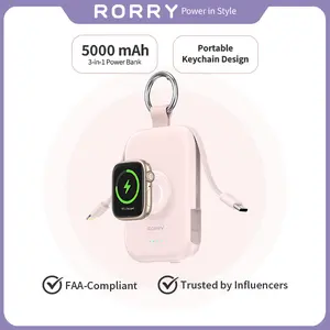 RORRY CharmGo 5000mAh Portable Charger Power Bank with Built-in Cables Travel Keychain Battery Pack for Apple Watch iPhone AirPods Compact & Travel-Friendly