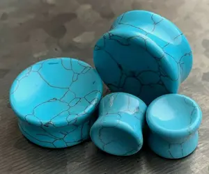 PAIR of Unique Concave  Turquoise Organic Stone Double Flare Plugs - Gauges 6g (4mm) up to 1" (25mm)