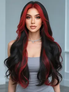Gorgeous Cosplay Black Highlight Red Wavy Wig Long Curly Wig Women Loose Look Soft Hair Natural Synthetic Heat Resistant Wig Suitable for Daily Use Party Wig Costume Wig Music Performance Halloween Christmas Wig Carnival 26 Inch Wavy Ombre Wig