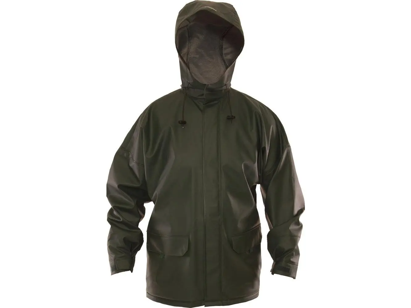 Men's Heavy-Duty 16 Mil PVC-Poly Weather-Tuff Workwear Coat - Solid Green, Attached Hood, Storm Fly Front Zip, Fashion Apparel Clothes (Extra Large)