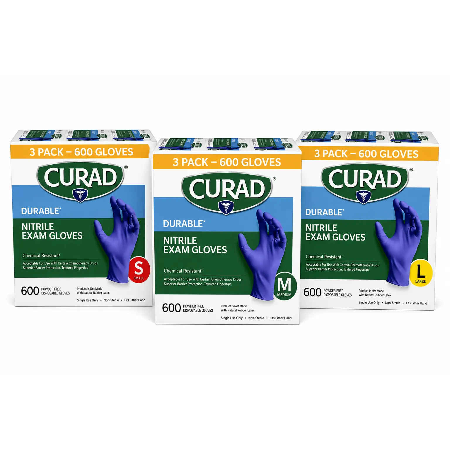 CURAD Durable Nitrile Exam Gloves, Powder-Free, Chemical Resistant, Textured Fingertips, Disposable Medical Gloves, 3 Pack (600 Gloves), Small / Medium / Large