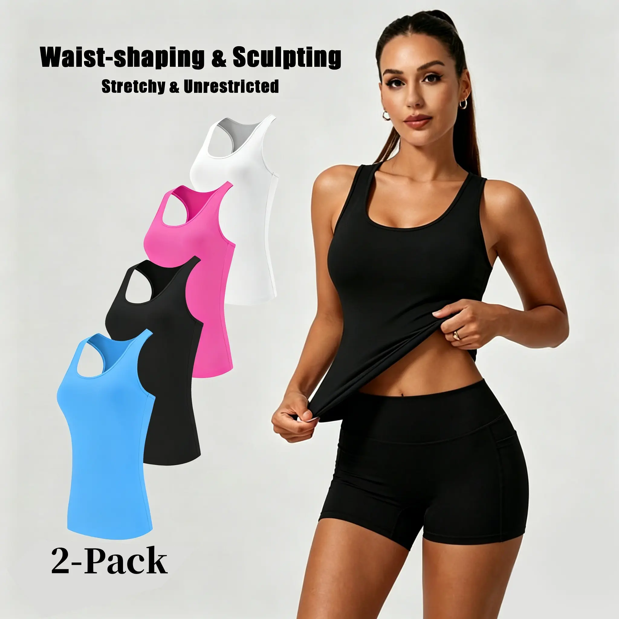 Women's Sporty Chic Body Contouring Tank Tops - 2-Pack Slim-Fitting, Comfortable Cooling Fabric, Breathable Stretchy for Female Sport Lover Lifestyle Fitness Yoga | Mother’s Day Gift Idea | Blue,Pink,Black,White