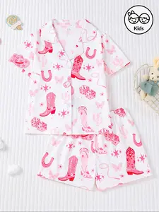 Cute Denim Print Kids Pajama Set, Fire Retardant Fabric, Short Sleeve Button Front Top & Elastic Shorts, All Seasons Wear, Cartoon Print Pajama