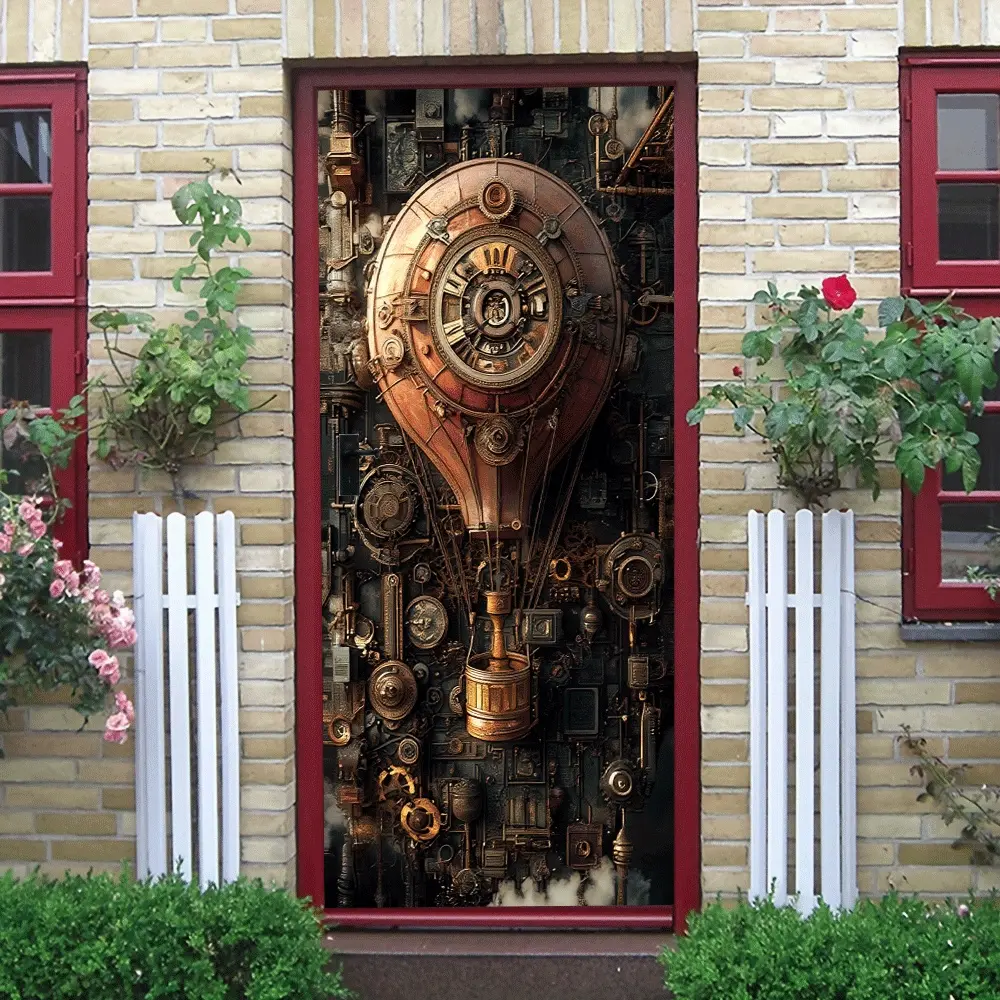2pcs Steampunk Vintage Mechanical Gear Wall Stickers Relief Hot Air Balloon Gear Combination Decorative Stickers for Living Room Entrance Study Self Adhesive Removable Creative Industrial Style Wall Deca