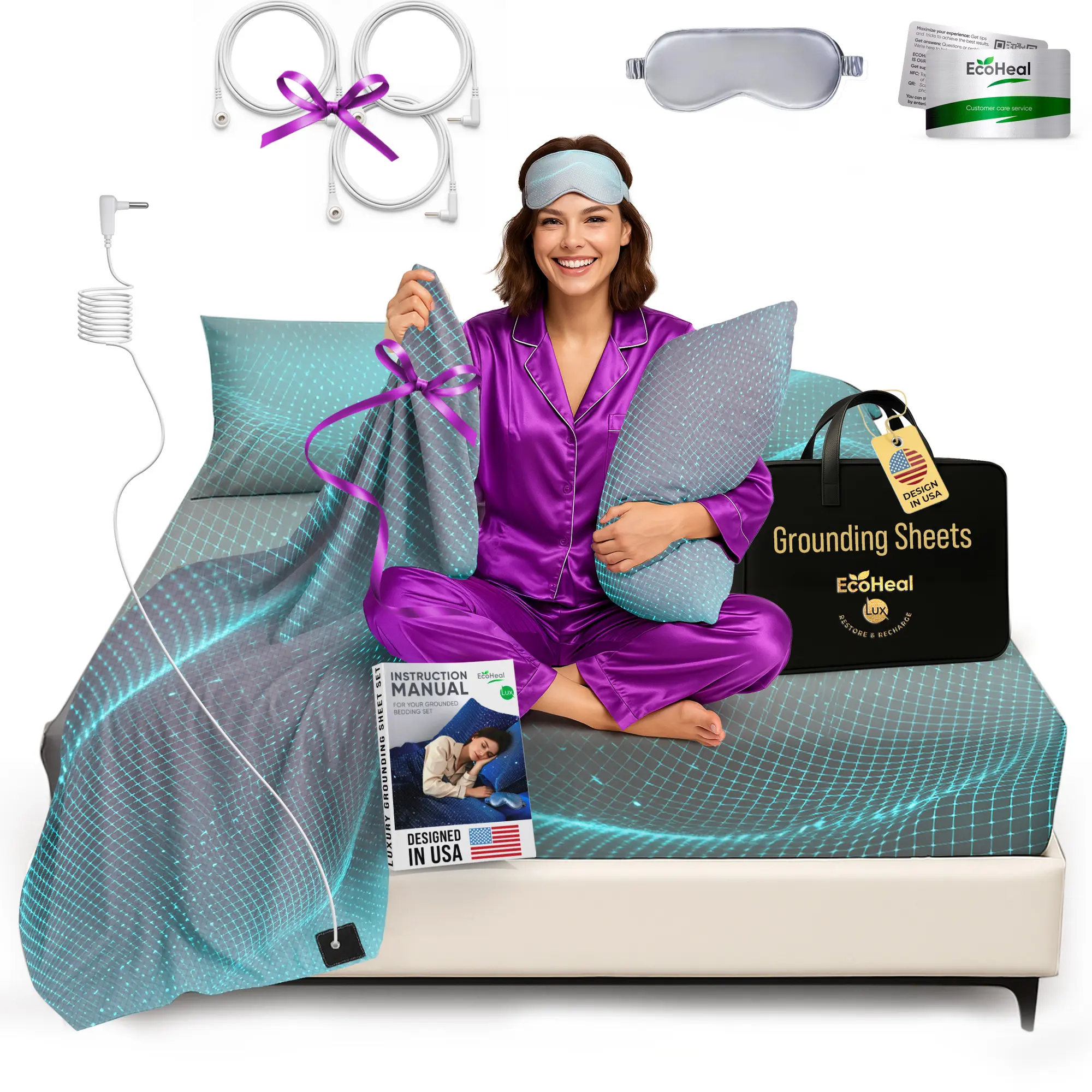 Grounding Sheet Set, White Fitted & Flat Sheets with Pillowcases - 12% Silver Fiber, 4% Silk, 84% Cotton - SGS Quality Certified Conductive Bed Grounding Kit for Better Sleep, Grounding Sheets, Complete Kit