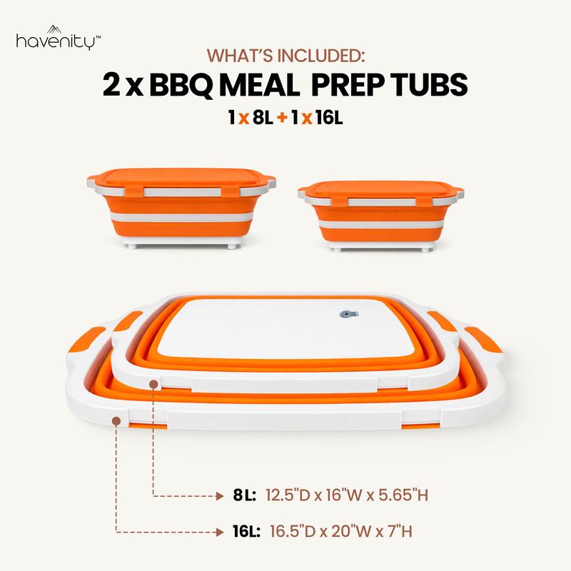 Havenity BBQ Prep Tub 2 Pack - Multifunctional Collapsible Camping Cutting Board with lid, Meat Storage Container for Meal Prep, Dish Bowl Perfect for Grilling Outdoor Cooking (Large + XL)
