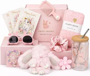 Easter Gifts for Teen Girls, Bunny Gift Basket with Tumbler, Socks, Scrunchie, Bracelet, Sunglasses & Plush Bunny, Cute Pink Gift Box Self Care Gift Set