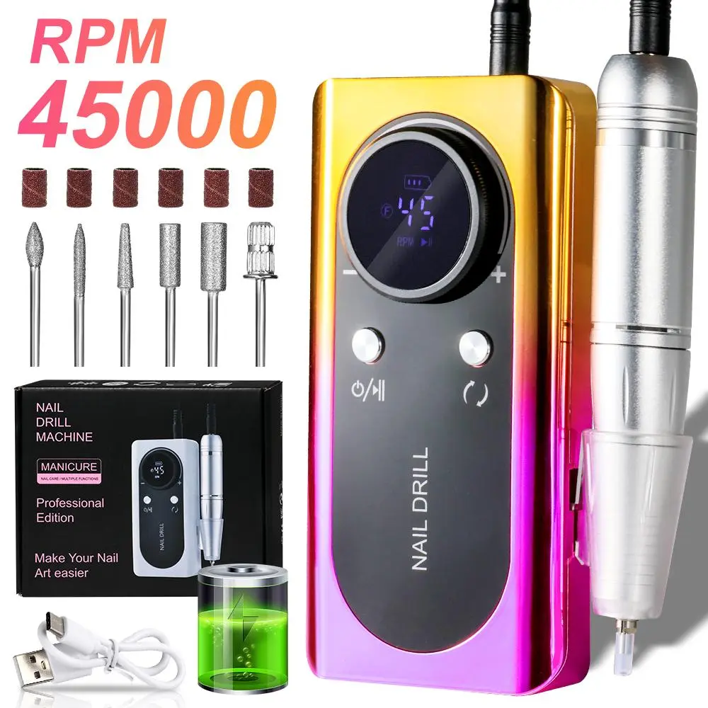 45000RPM Professional Rechargeable Nail Drill with Drill Bit Kit, Portable Electric Nail File for Nail Art Manicure and Pedicure, Acrylic Gel Grinder Tool for Nail Gel Removal, Home and Salon Use