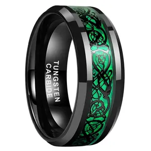 Scratch-Resistant Yonifu Tungsten Carbide Ring for Men 8mm Black Wedding Band with Green Celtic Dragon Inlay Comfort Fit Durable Gift