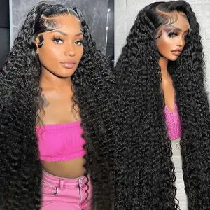 30 Inch 13x6 Lace Front Wigs Human Hair Water Wave 200 Density 13x6 HD Full Lace Frontal Wigs Pre Plucked Wet and Wavy Glueless Deep Curly Human Hair Wigs for Women Natural Black