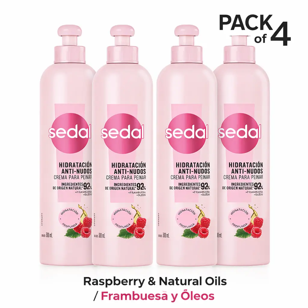 Sedal Anti-Knot Styling Cream 300ml – Pack of 4 / Crema para Peinar Anti-Nudos Pack de 4 – Frambuesa & Óleos