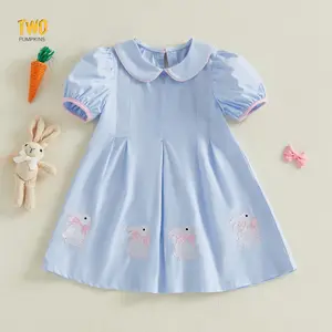Kids Toddler Baby Girl Easter Outfit Bunny Rabbit Embroidery Peter Pan Collar Short Sleeve Smocked Dress Clothes