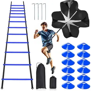 Pro Speed & Agility Training Set-Includes 12 Rung 20ft Adjustable Agility Ladder with Carrying Bag, 12 Disc Cones, 4 Steel Stakes, 1 Resistance Parachute, Use Equipment to Improve Footwork Any Sport