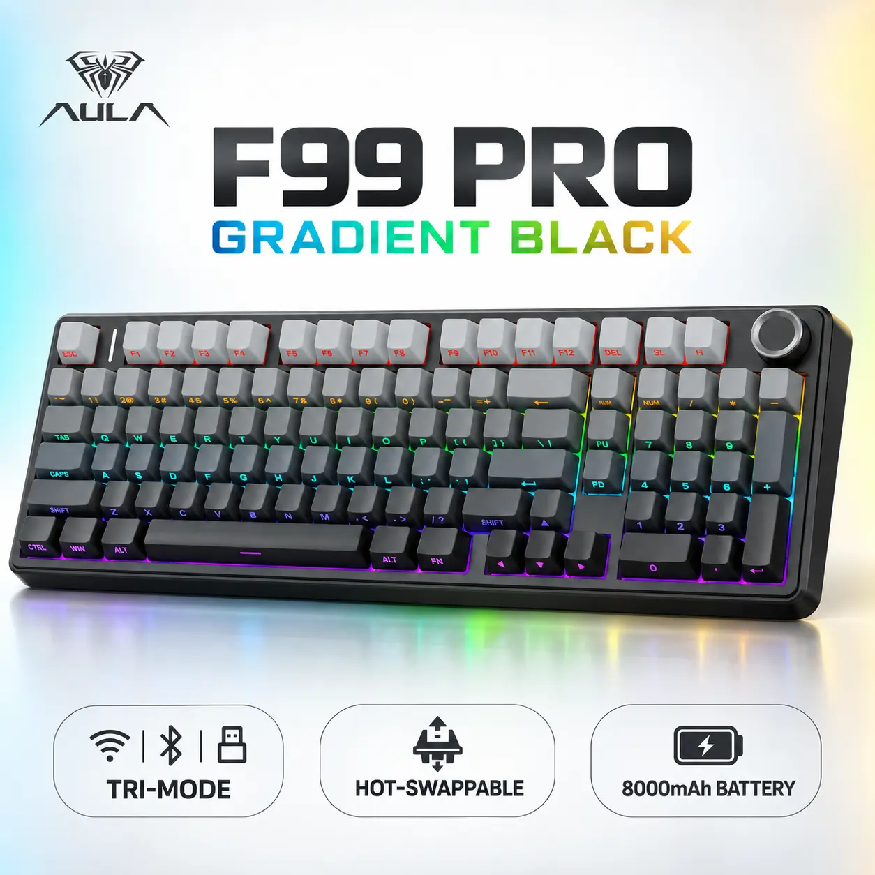 AULA F99 Pro Wireless Mechanical Gaming Keyboard - 99-Key Gasket Creamy Model with Numpad, Knob, Tri-Mode BT 5.0/2.4GHz/USB-C, Hot-Swappable, RGB Backlit PBT Keycaps for PC/Mac (Wireless, Bluetooth Options for Work), Creamy Keyboard, Gaming Keyboards
