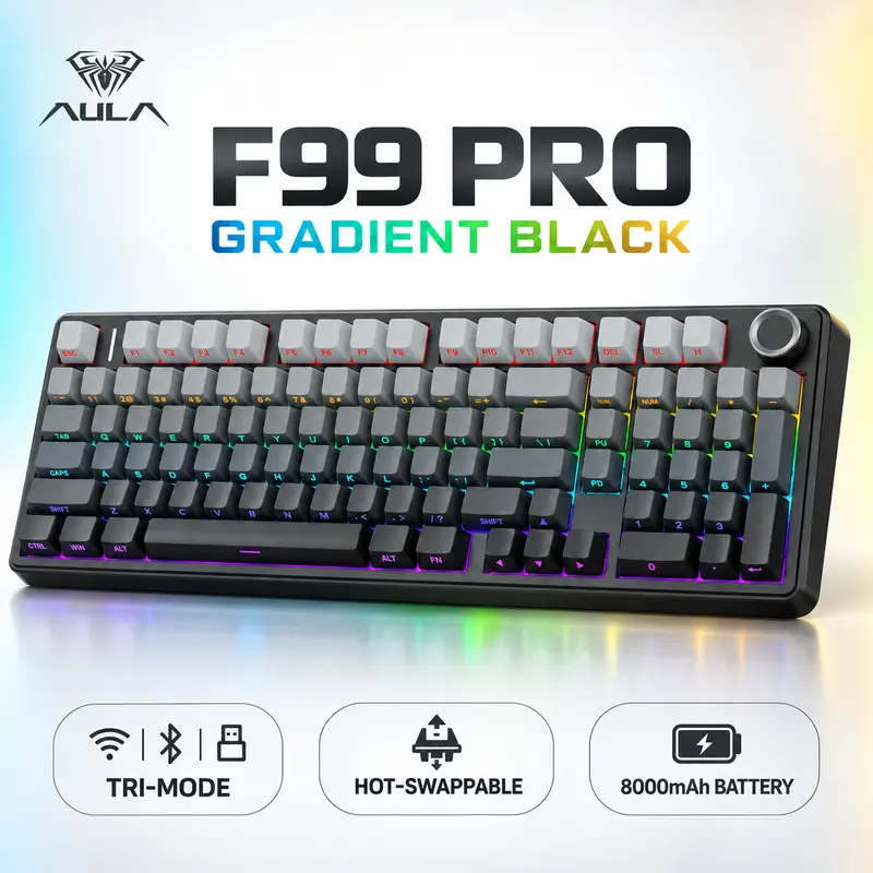 AULA F99 Pro Wireless Mechanical Gaming Keyboard - 99-Key Gasket Creamy Model with Numpad, Knob, Tri-Mode BT 5.0/2.4GHz/USB-C, Hot-Swappable RGB Backlit PBT Keycaps, Mechanical Feeling Design for PC/Mac, Work; Wireless, Bluetooth, PC Gaming Keyboards, Mec