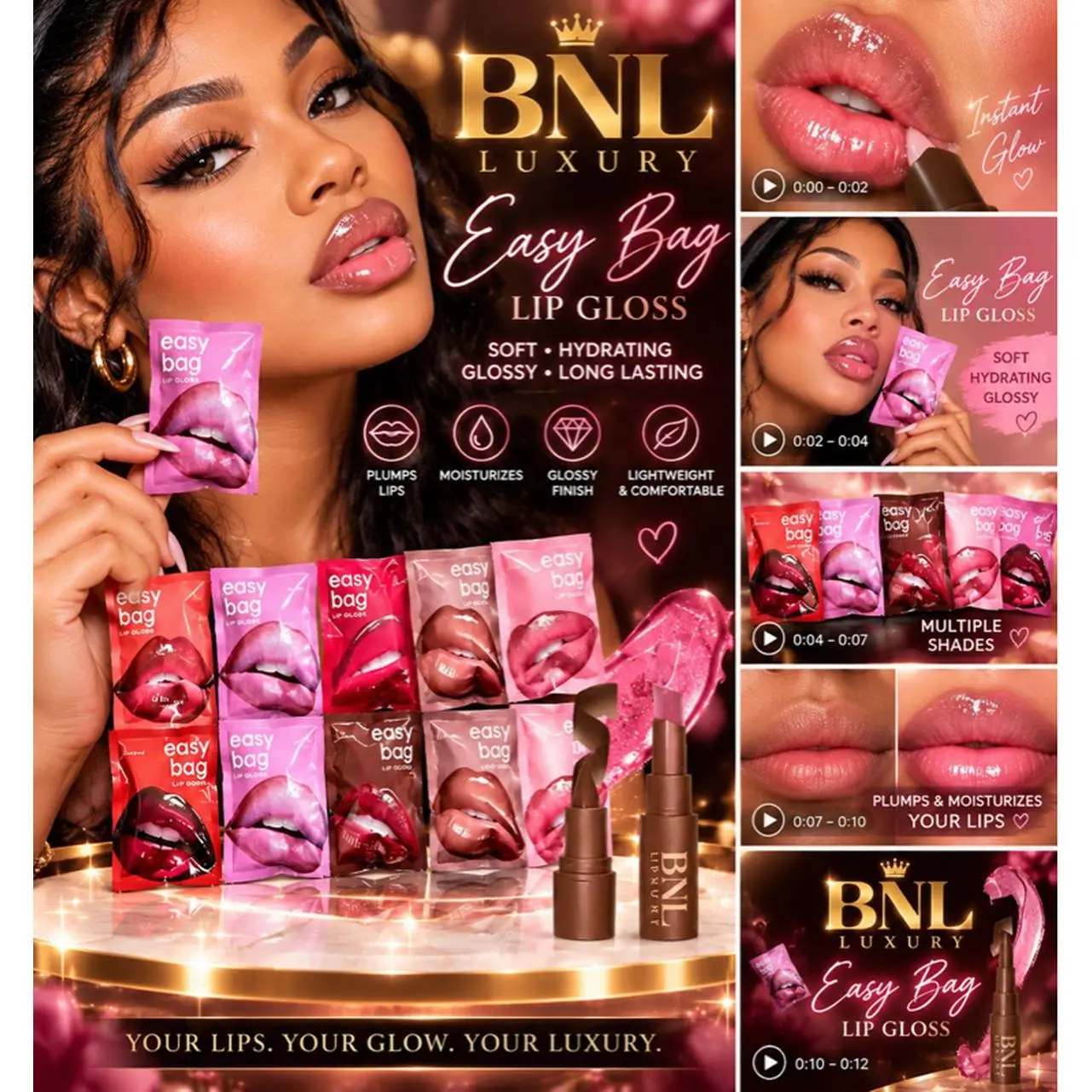 BNL Luxury Easy Bag Lip Gloss - Soft Hydrating Glossy Long Lasting Plumps Moisturizes Lightweight Comfortable Multiple Shades