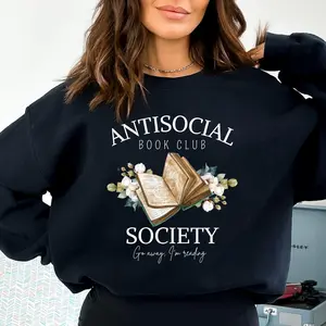 Antisocial Book Club Society Shirt Funny Book Lover Sweatshirt Unisex Oversized Crewneck Cotton Casual Tops for Bookish Book Girl Readers
