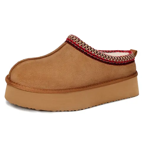 OOW Women's Fuzzy Flatform Platform Mini Short Ankle Fur Boots Slippers for Girl, Trendy Suedette Slide Footwear, Ethnic Embroidery Trim Faux Fur Clogs, Ultralight EVA Outsole Indoor Outdoor Winter Snow Shoes, Fashion Outfit Essential