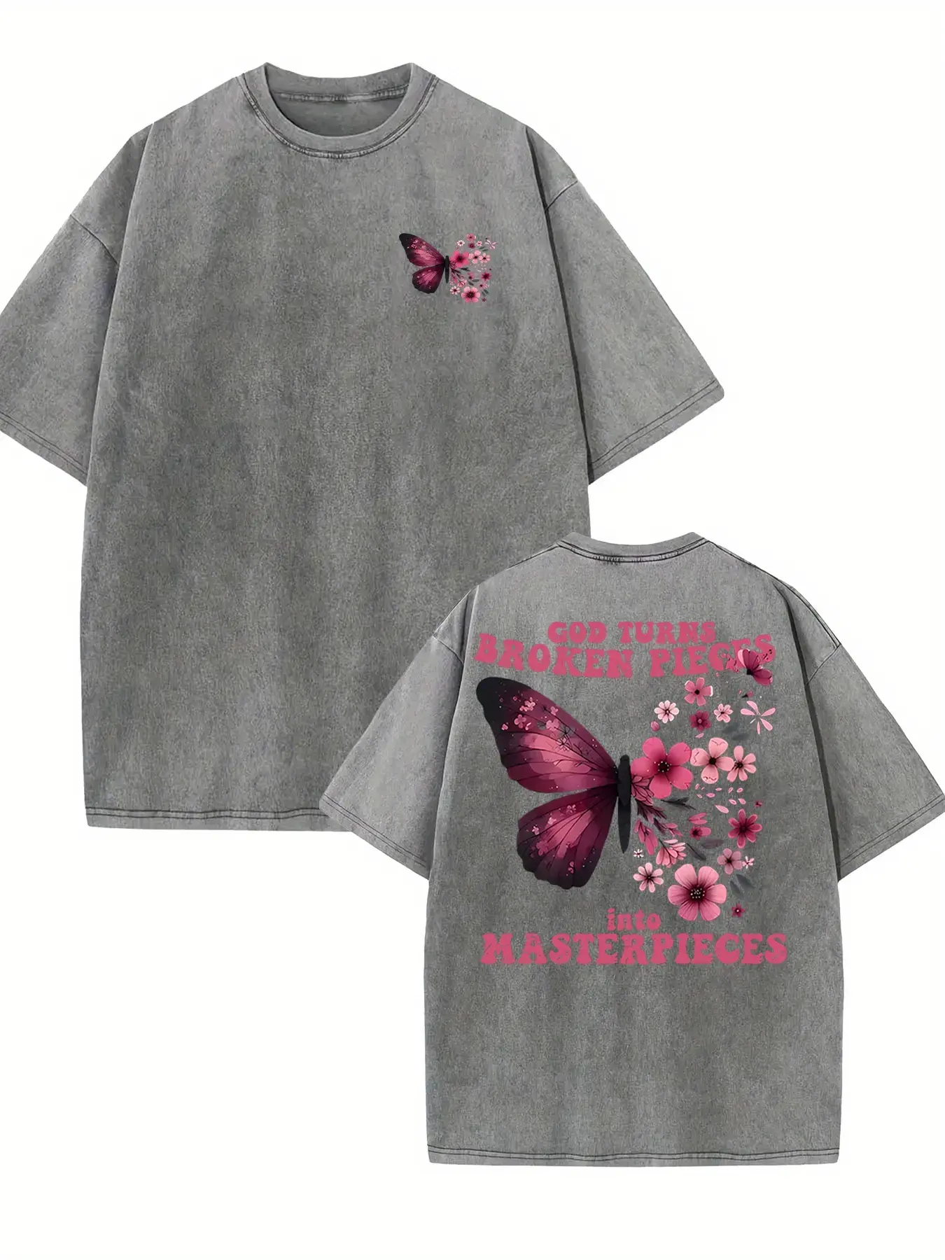 Vintage Washed Double Sided God Turns Broken Pieces Pink Butterfly Floral Faith Graphic Tee,Y2K Christian Oversized Casual Short Sleeve Unisex Relaxed Fit Stylish Streetwear
