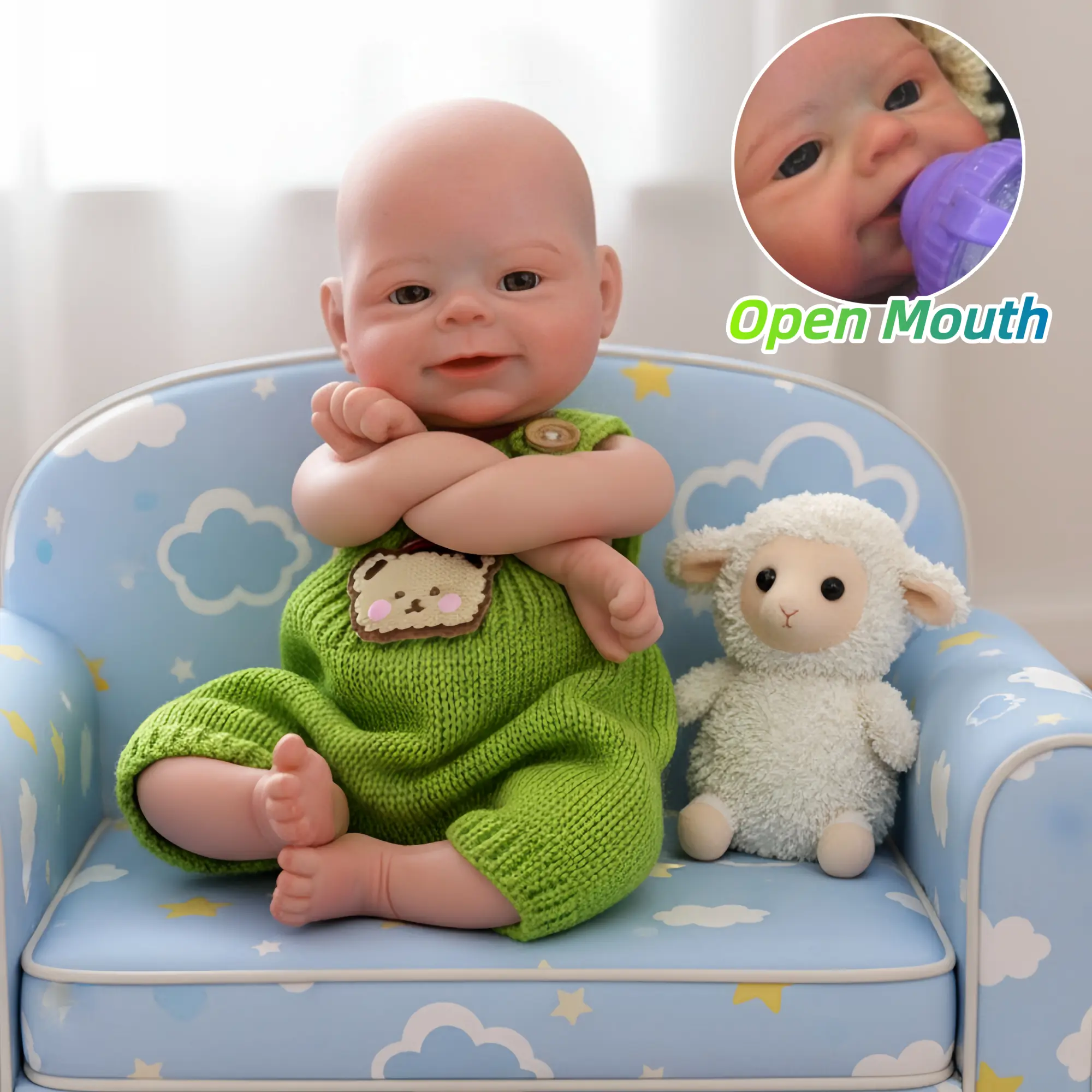 13 Inch Can Open Mouth Full Body Solid Silicone Reborn Boy Doll With Painted Bald 3D Painted Skin Handmade Washable Soft Touch Feelings Newborn Doll For Children's Toy