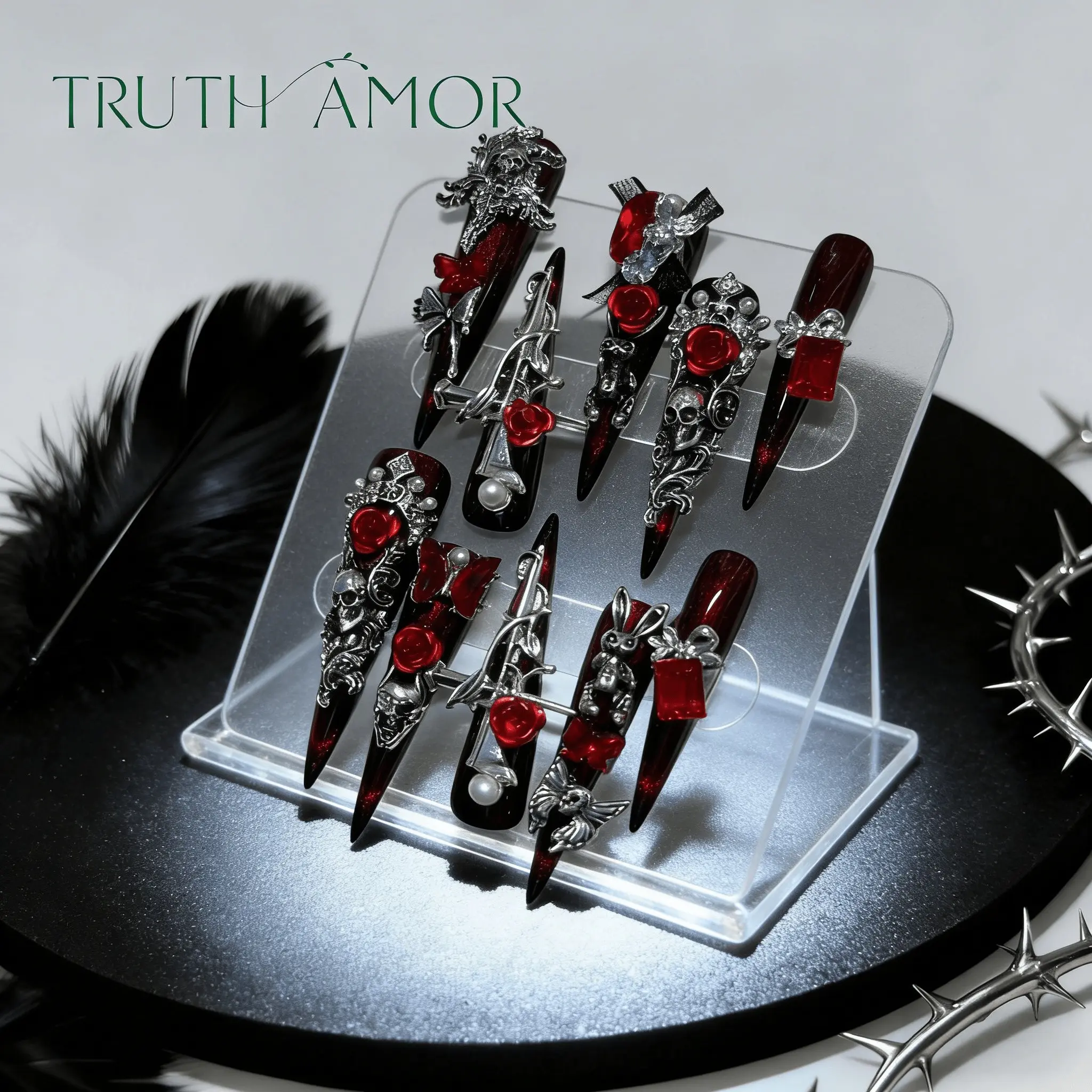 10Pcs Gothic Red Press On Nails, Long Stiletto Fake Decorative Nails with Skull Rose & Cross Charms, Dark Vampire Style Reusable False Nail Kit, GothicNails, RedNails, VampireNailArt, PressOnNails