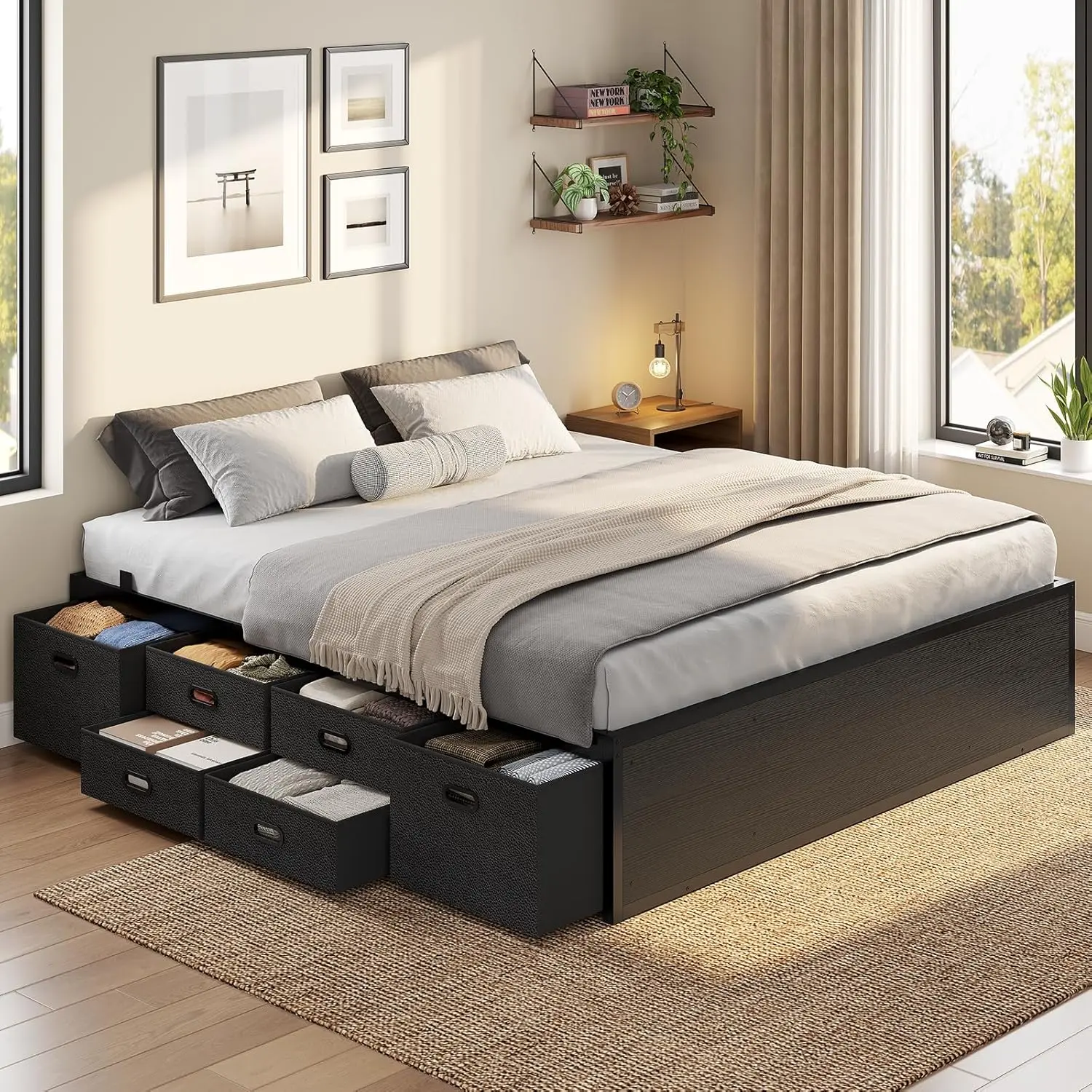 ADORNEVE Full Size Modern Platform Storage Bed Frame - Steel Slat Support, Footboard, 6 Drawers, DIY Assembly with Manual, 350+ lb Capacity, Double with Drawers Bed Frame, Apartment Indoor Furniture, Modern Platform Bed