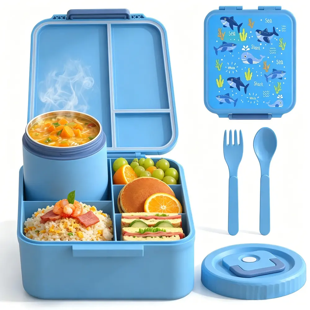 Kids Lunch Container Full Set with Insulated Soup Thermos & Sauce Jar, Four Separated Grids No Flavor Mixing Lightweight Portable Kit
